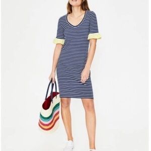 Boden Blue and White Striped Imogen Jersey Dress with Flutter Sleeves Size 2